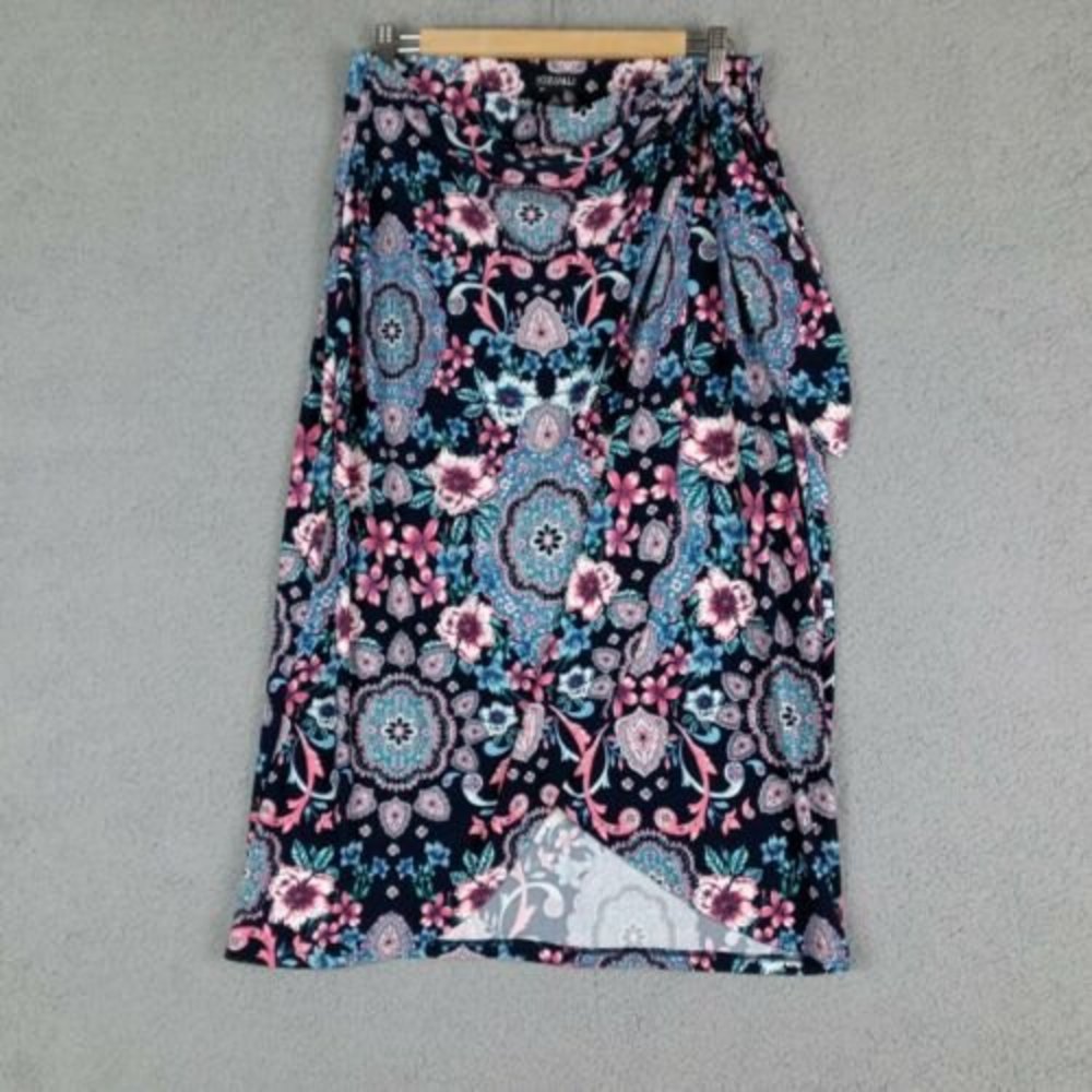 Roz & Ali Size M Womens Floral Midi Faux Wrap Stretchy Skirt Tulip Hem Side Tie